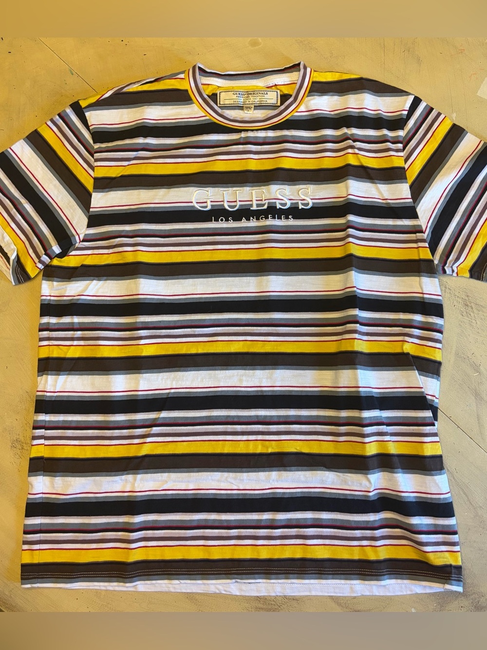 Guess Originals Striped T Shirt Mens L Colorful Embroidered USA Jeans Retro 90s